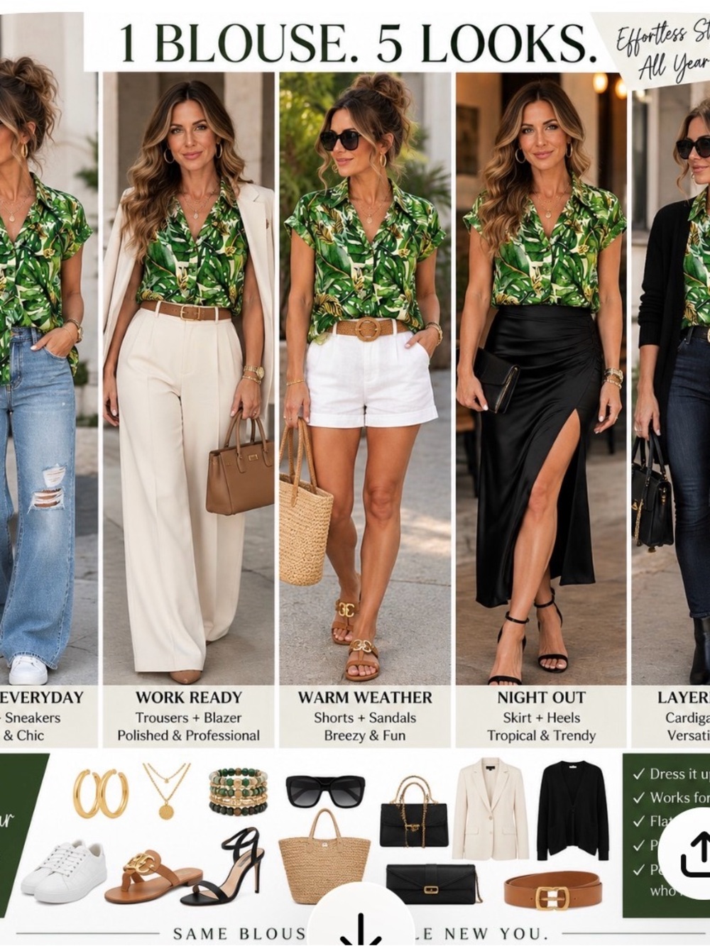 Tropical Green Leaf Short-Sleeve Blouse - Women's
